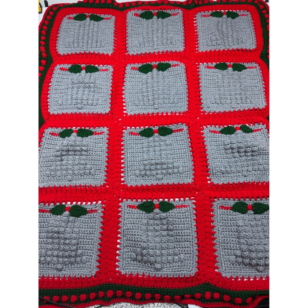 Handmade Crochet Bell Blanket 50x42 Red Grey Holiday‎ Bobble Throw